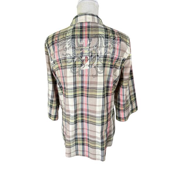 Harley-Davidson Plaid Half Sleeve Zip Up Shirt Women's XL Embroidered Logos Tan - Picture 6 of 11